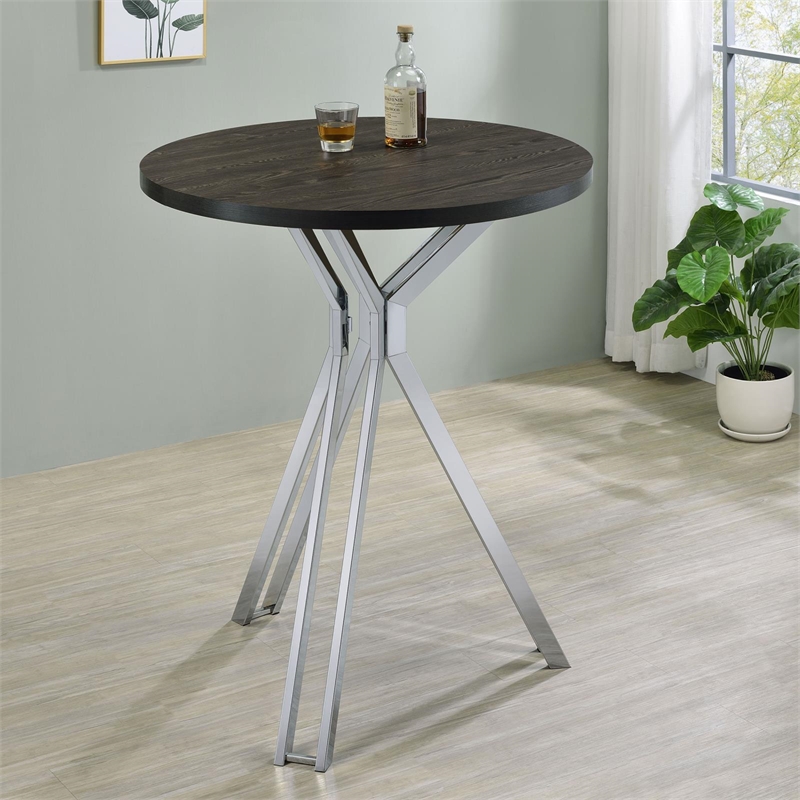 Pemberly Row Metal Round Wood Top Bar Table Dark Oak and Chrome
