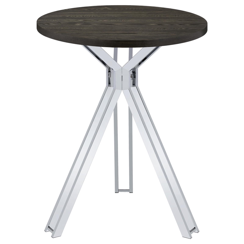 Pemberly Row Metal Round Wood Top Bar Table Dark Oak and Chrome