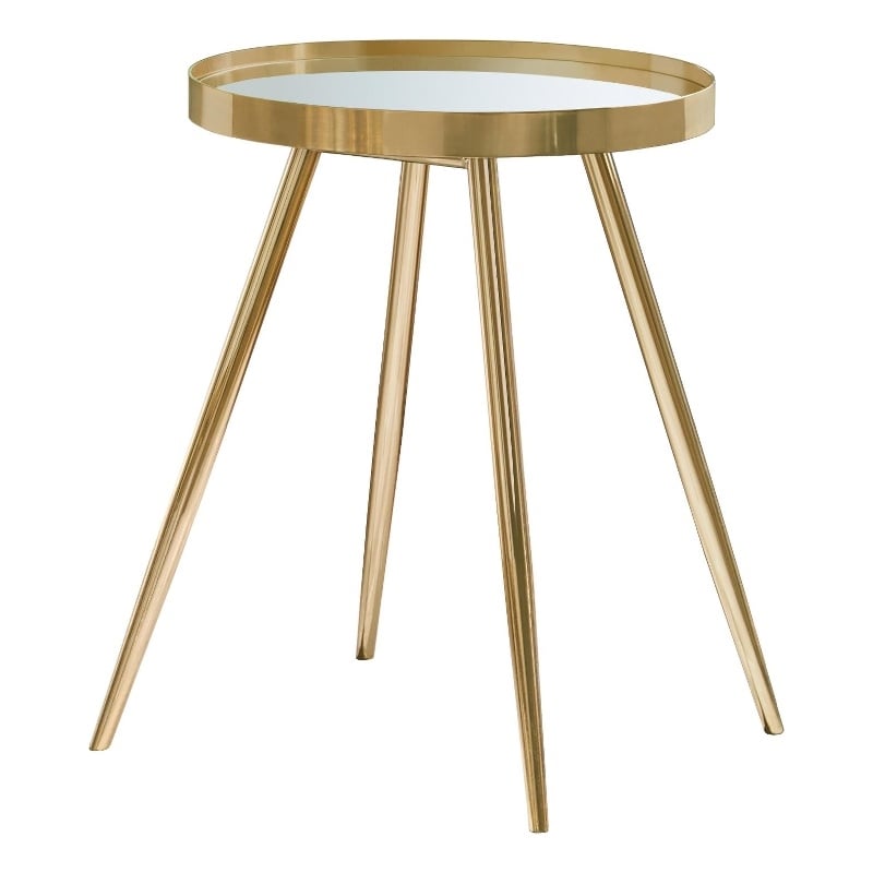 Pemberly Row Mid-Century Metal Round Mirror Top End Table Gold