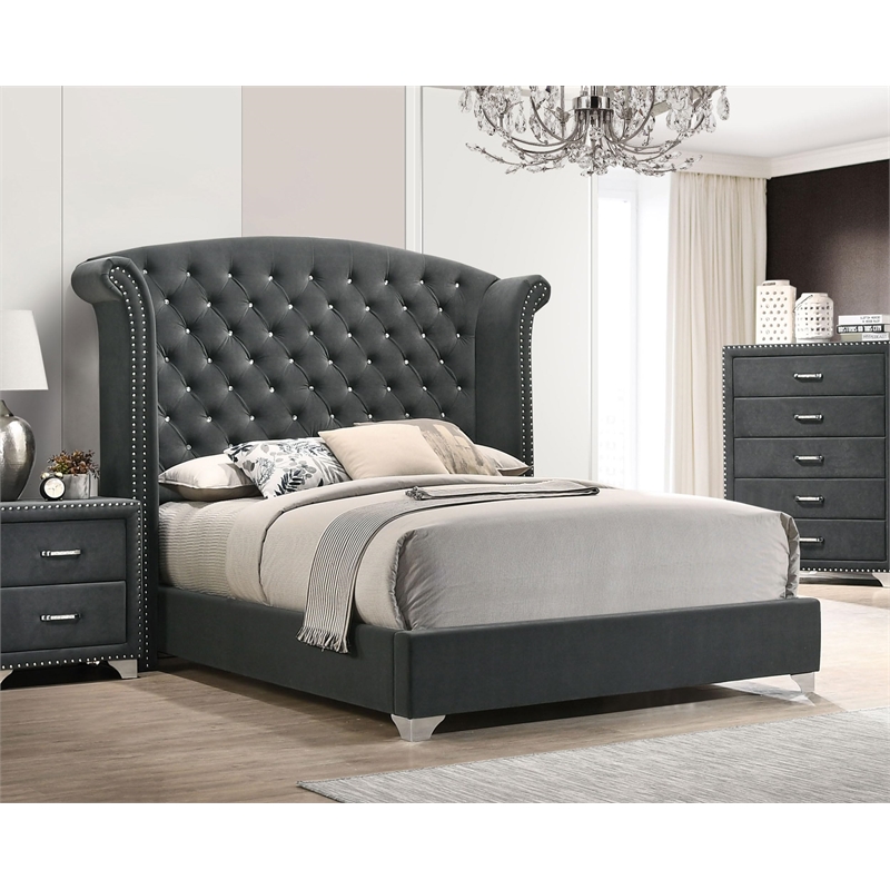 Pemberley Row Velvet Gray Upholstered Eastern King Bed Wingback Tufted 96.25