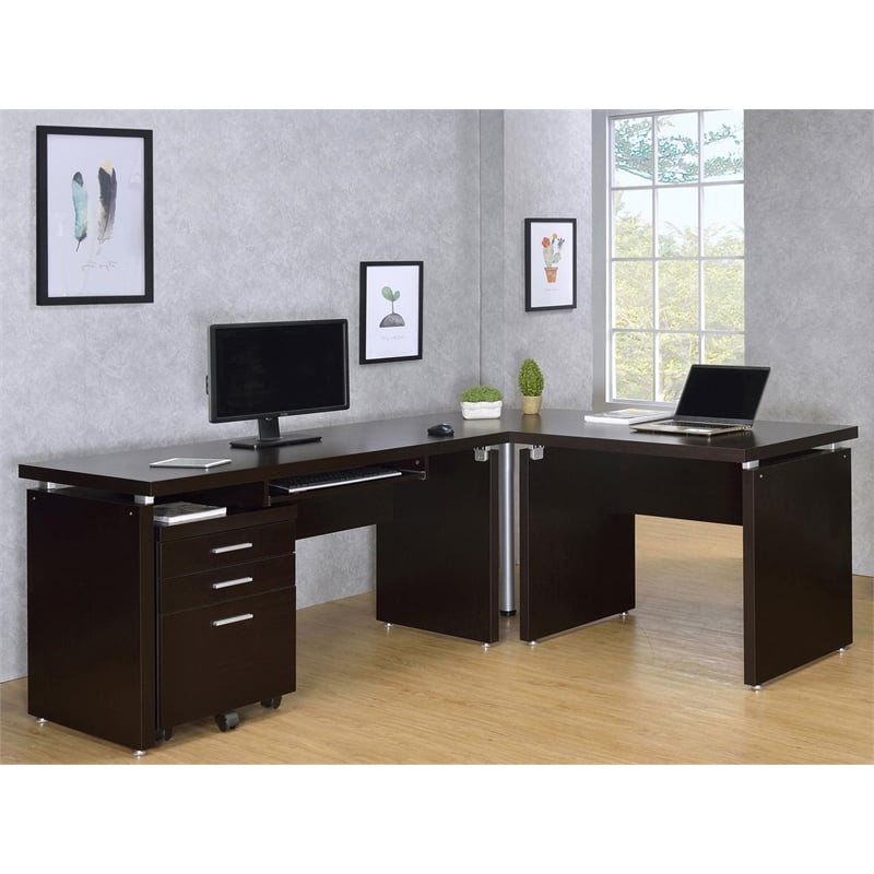 Pemberly Row 2-piece Wood Home Office Set L-Shape Desk Cappuccino