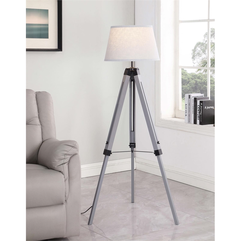 Pemberly Row Adjustable Metal Tripod Floor Lamp in Gray and White