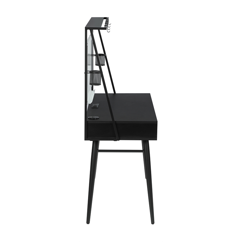 Pemberly Row Wood Writing Desk with USB Ports in Black and Gunmetal