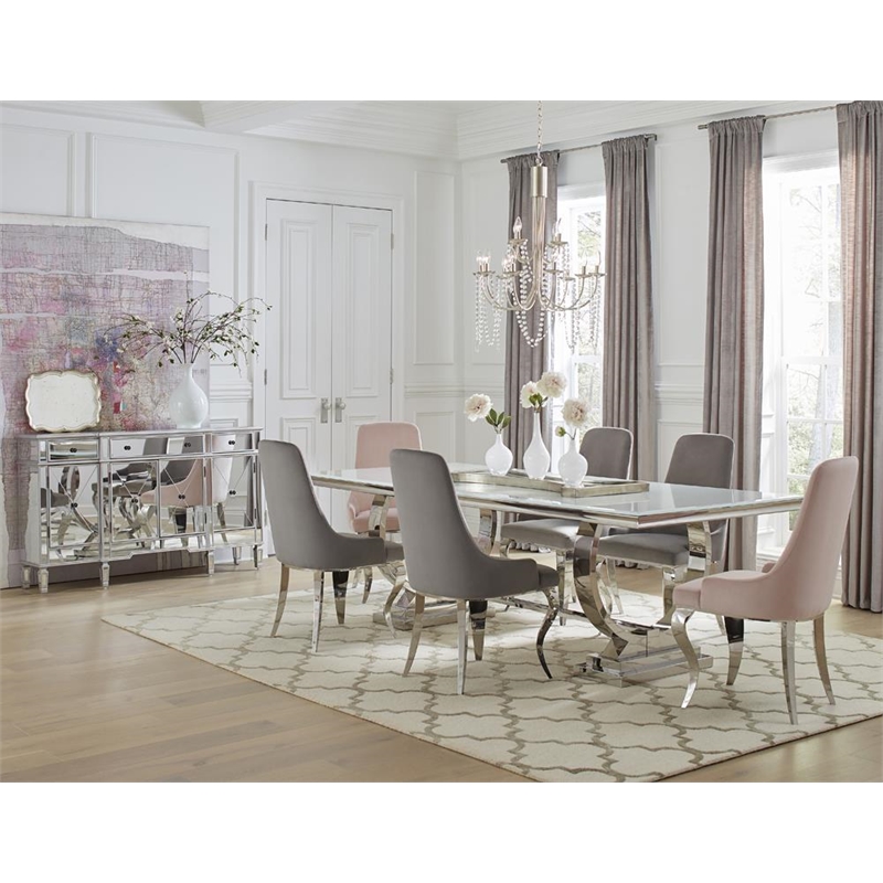Pemberly Row Rectangle Glass & Metal Dining Table in White and Chrome