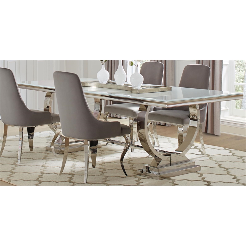Pemberly Row Rectangle Glass & Metal Dining Table in White and Chrome