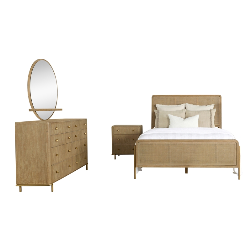 Pemberly Row 4-piece Wood Queen Bedroom Set Sand Wash and Natural Cane