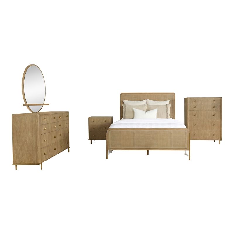 Pemberly Row 5-piece Wood Queen Bedroom Set Sand Wash and Natural Cane