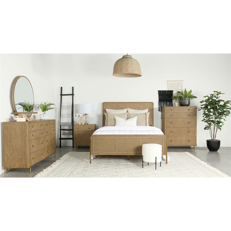 Pemberly Row 5-piece Wood Queen Bedroom Set Sand Wash and Natural Cane