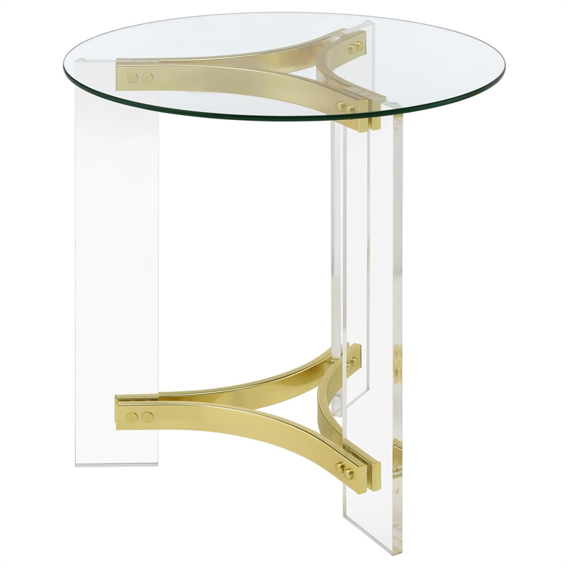 Pemberly Row Round Glass End Table with Acrylic Legs in Clear and Brass