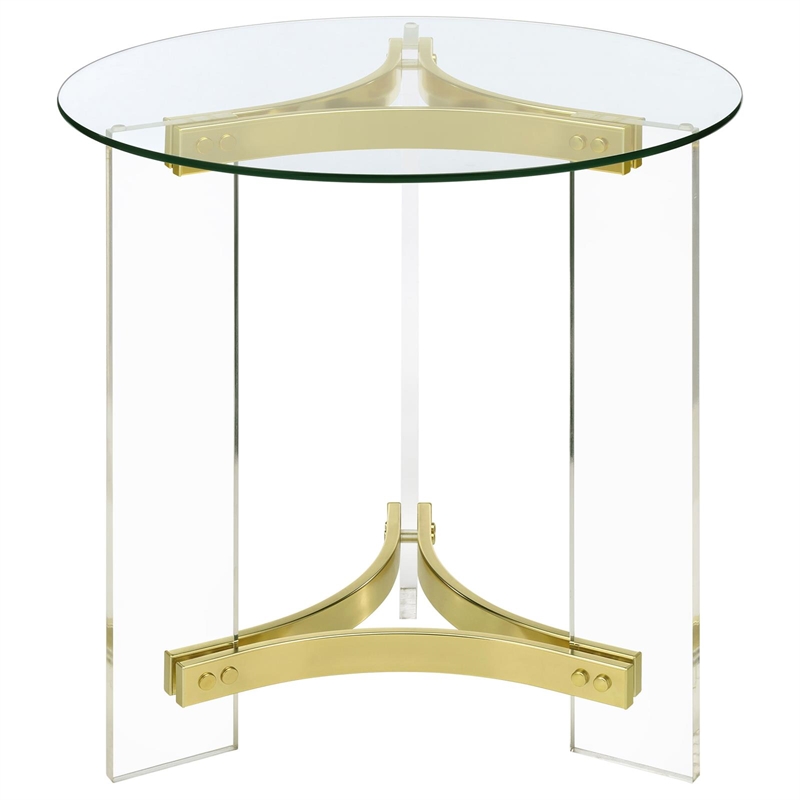Pemberly Row Round Glass End Table with Acrylic Legs in Clear and Brass