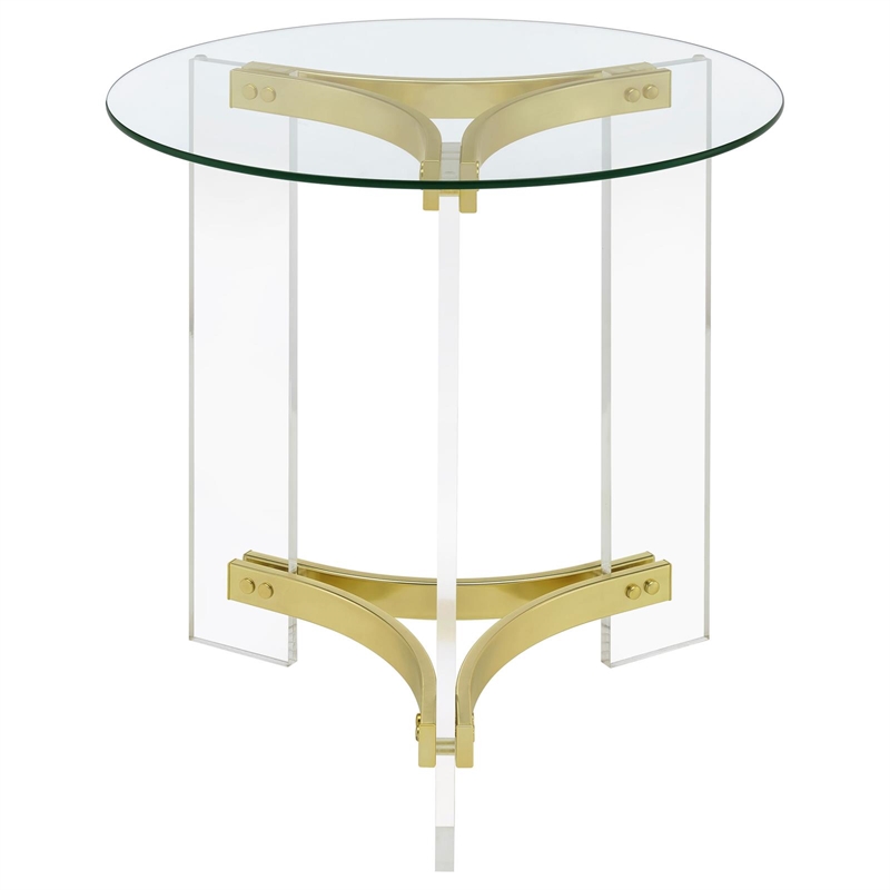 Pemberly Row Round Glass End Table with Acrylic Legs in Clear and Brass