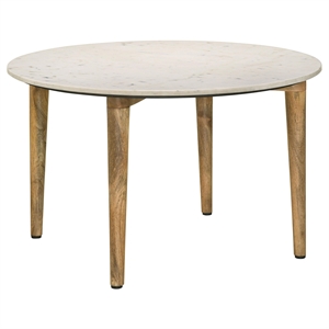 Pemberly Row Round Marble & Wood Coffee Table in White and Natural