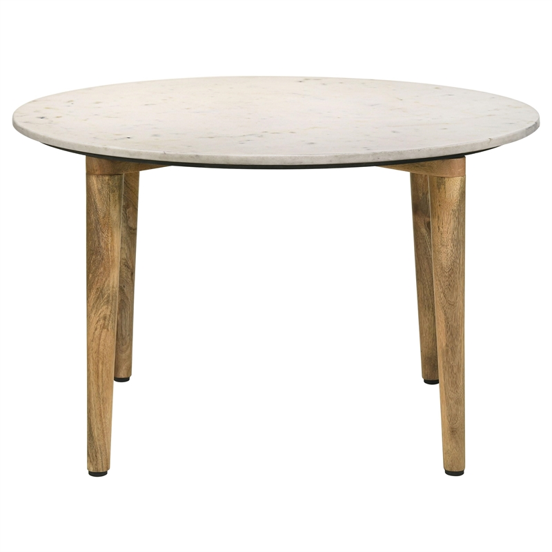 Pemberly Row Round Marble & Wood Coffee Table in White and Natural