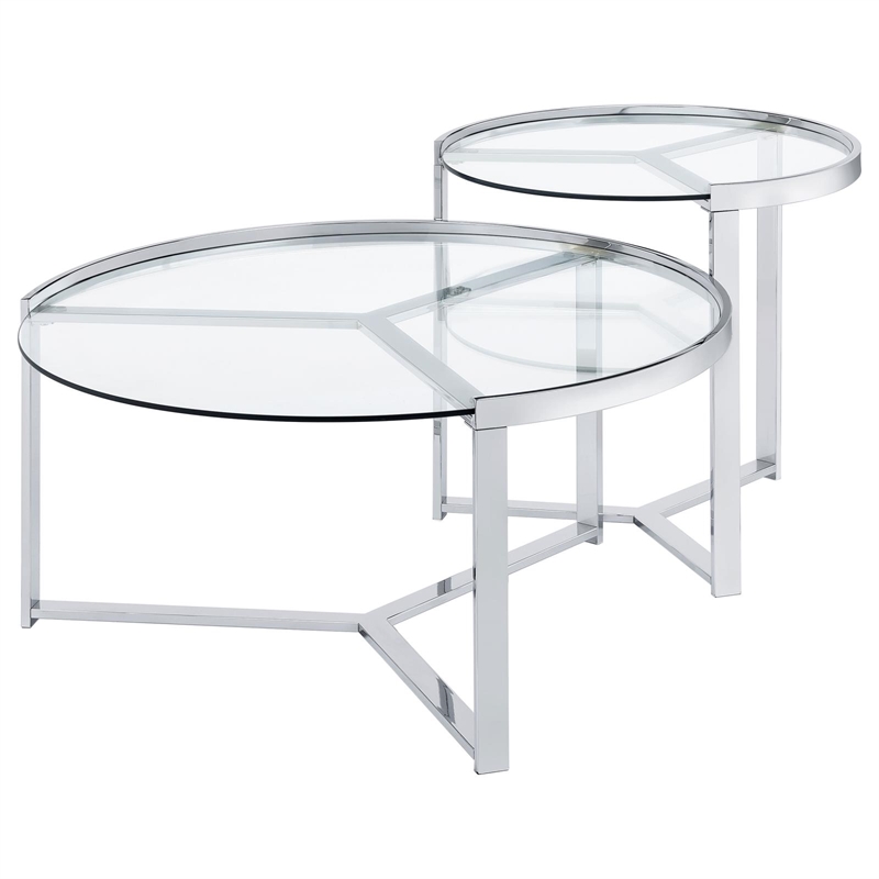 Pemberly Row 2-Piece Metal Round Glass Top Nesting Coffee Table Chrome