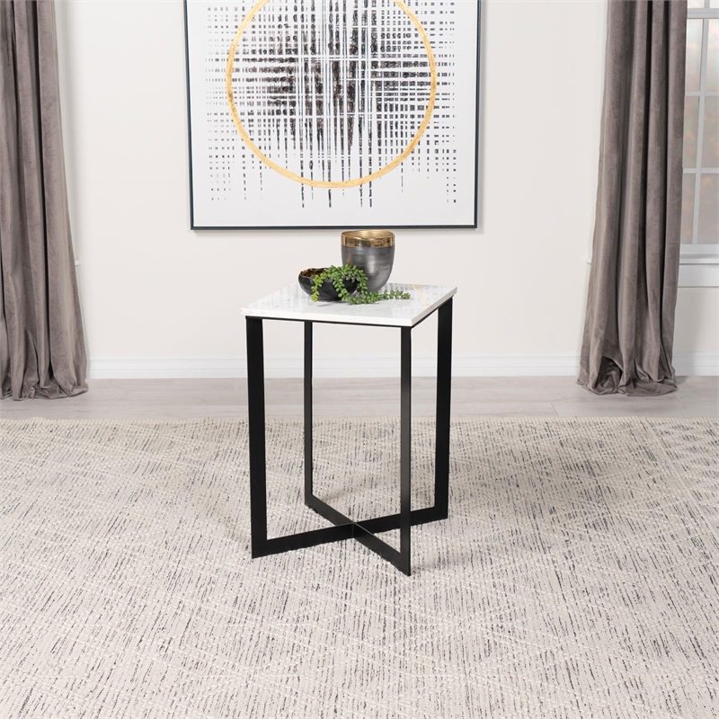 Pemberly Row Modern Metal Square Marble Top End Table White and Black