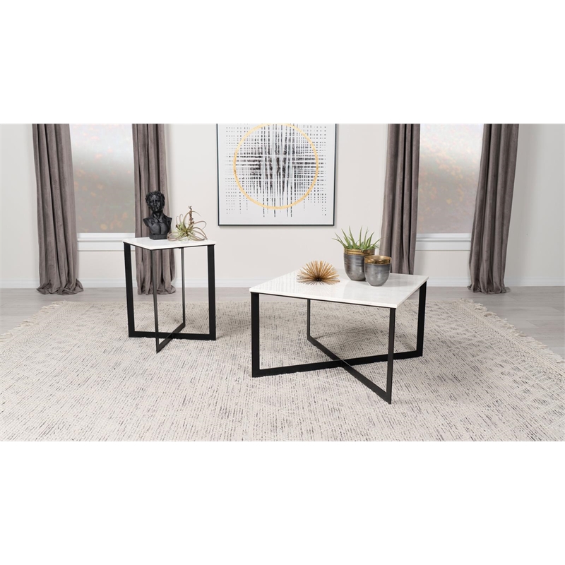 Pemberly Row Modern Metal Square Marble Top End Table White and Black