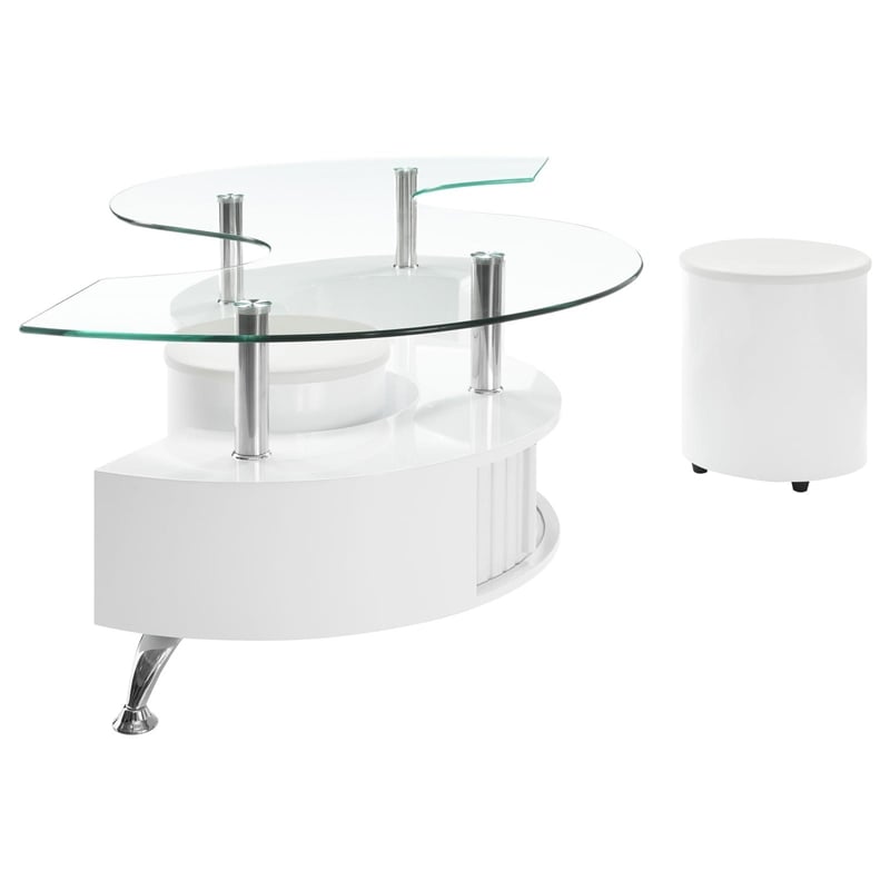 Pemberly Row Wood Curved Glass Top Coffee Table With Stools in White