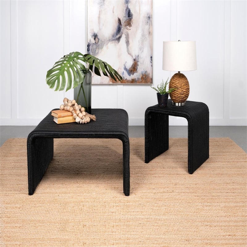 Pemberly Row Coastal Woven Rattan Square U-Shaped Coffee Table in Black