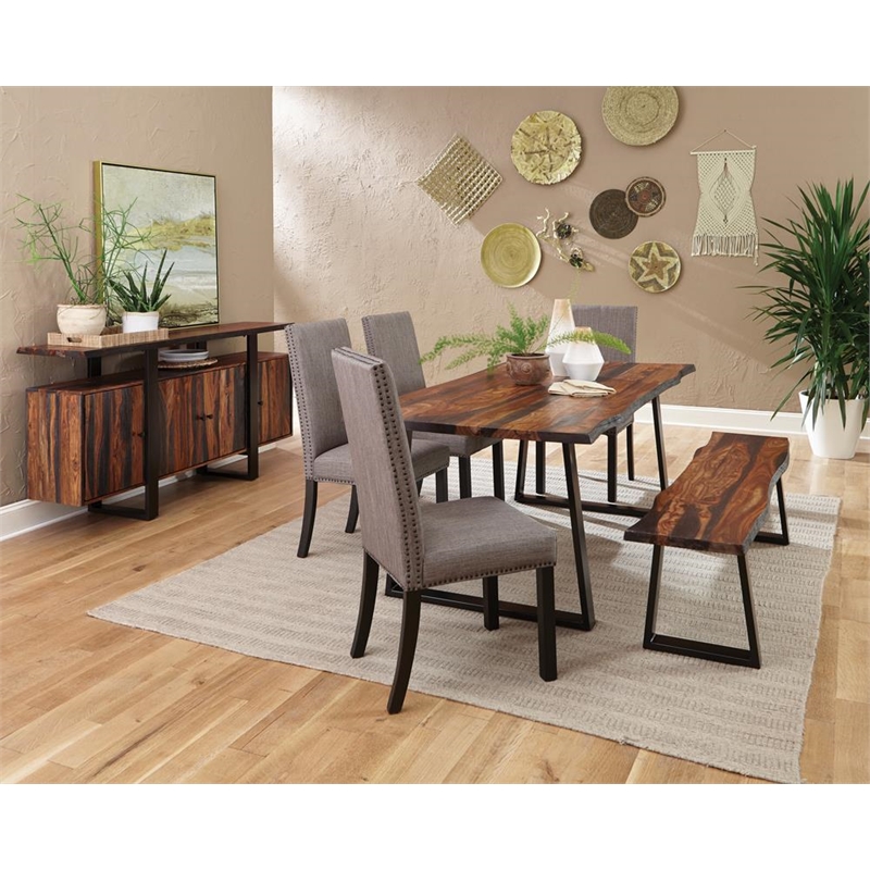 Pemberly Row Farmhouse Wood Live Edge Dining Bench Gray Sheessam and Black