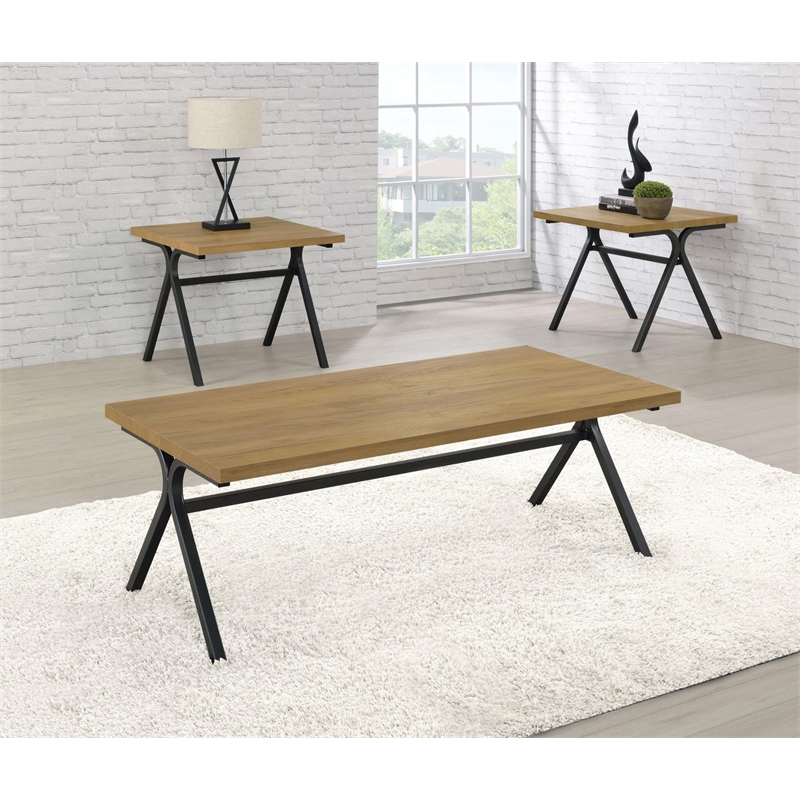 Pemberly Row 3-piece Wood Trestle Occasional Table Set Golden Oak and Gunmetal