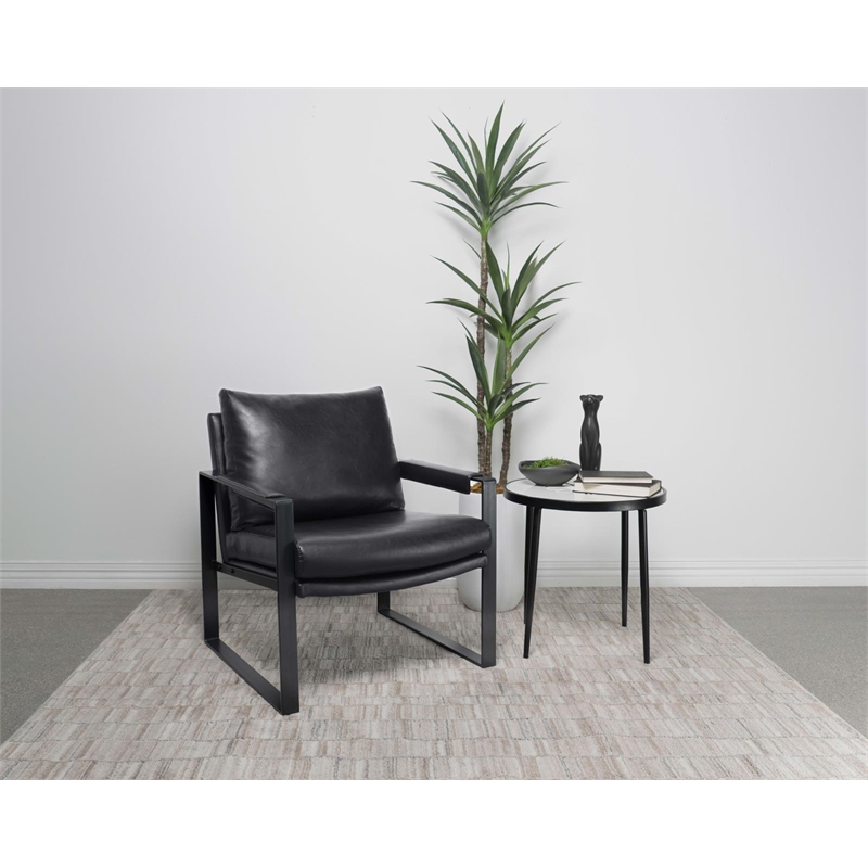 Pemberly Row Upholstered Faux Leather Accent Chair with Track Arms in Black