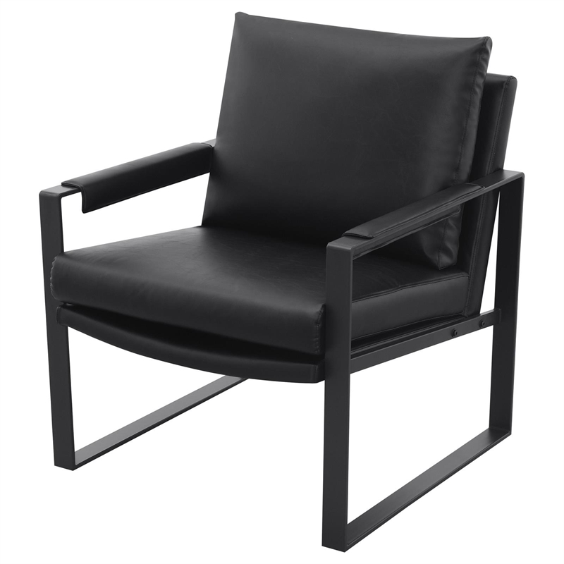 Pemberly Row Upholstered Faux Leather Accent Chair with Track Arms in Black