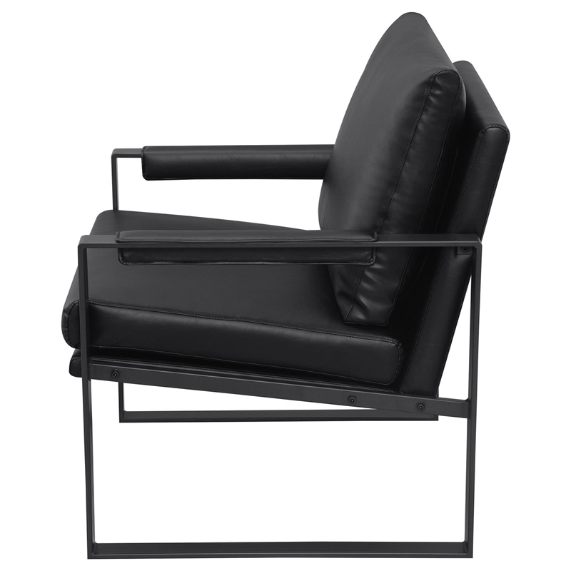 Pemberly Row Upholstered Faux Leather Accent Chair with Track Arms in Black