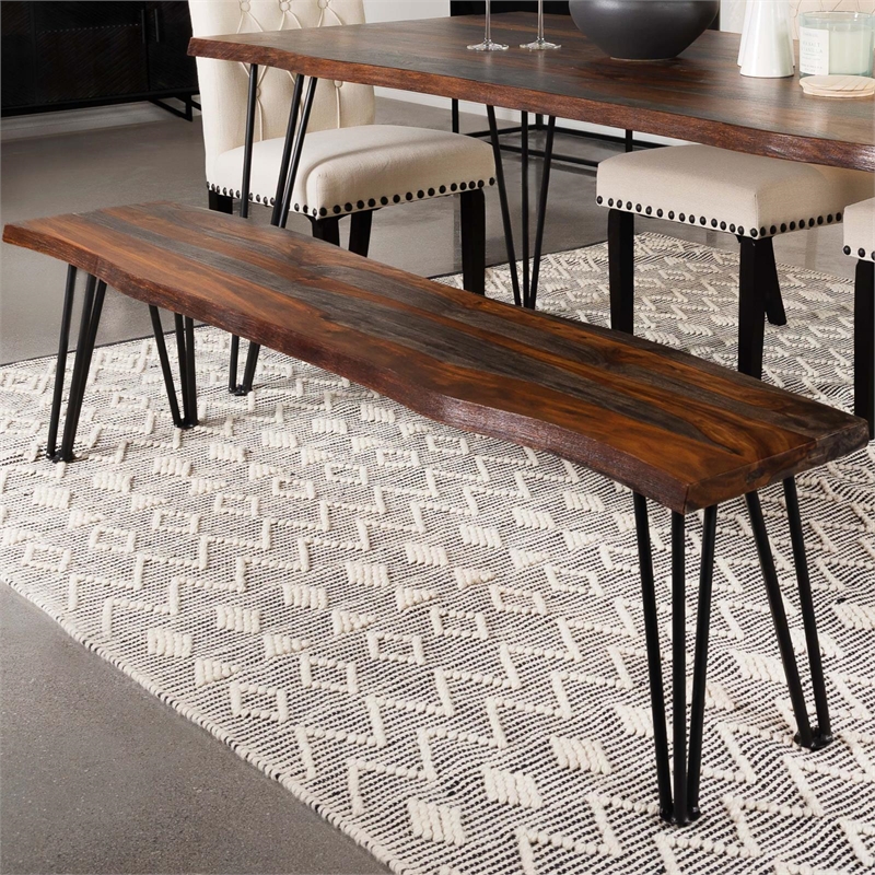 Pemberly Row Hairpin Legs Live-edge Wood Dining Bench Sheesham Gray and Gunmetal