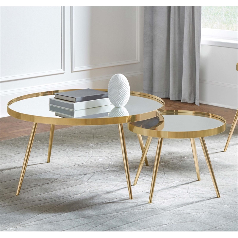 Pemberley Row Metal Gold Coffee Table Round Mirrored Top Nested 35.75