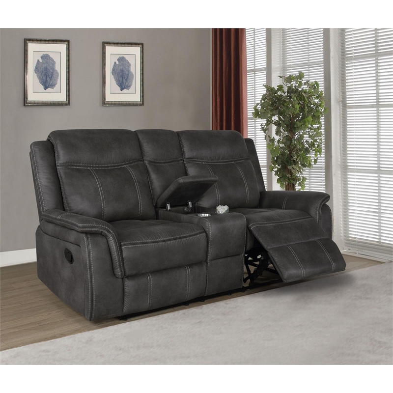 Pemberly Row Faux Leather Upholstered Tufted Back Motion Loveseat Charcoal