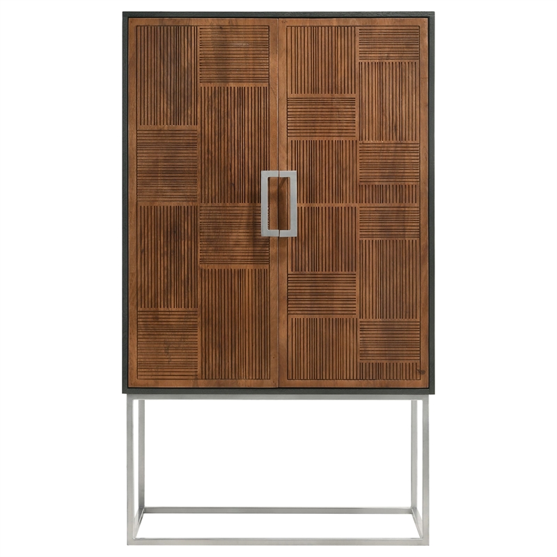 Pemberly Row 2-door Modern Wood Bar Cabinet Wine Storage in Walnut and Black