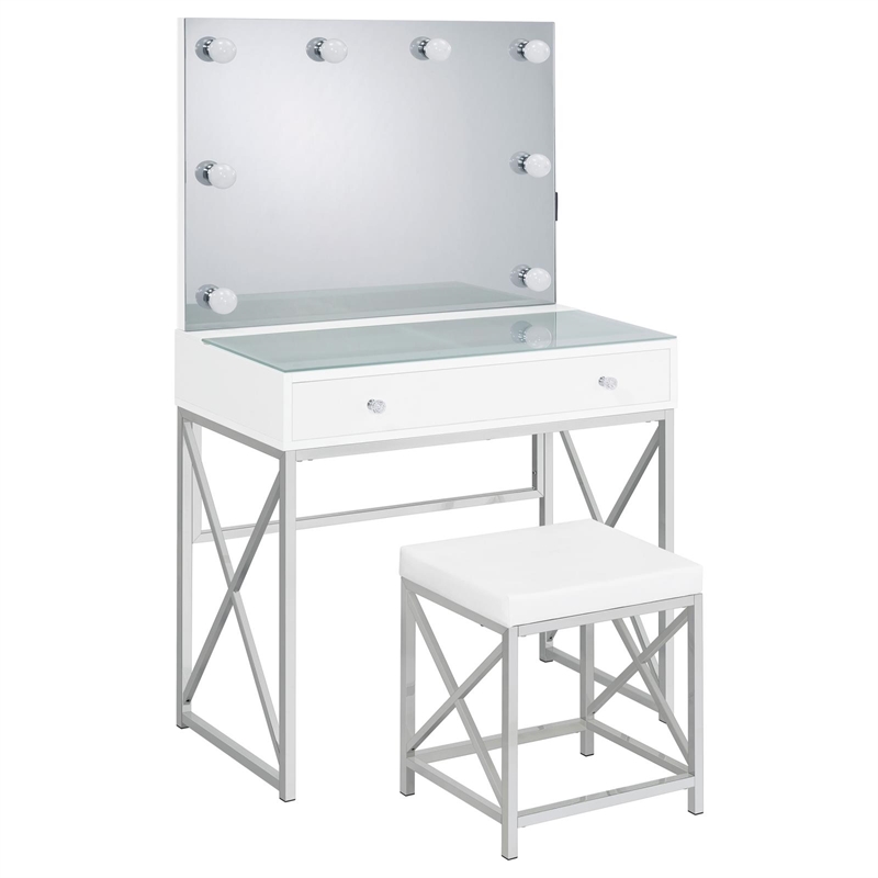 Pemberly Row 2-piece Wood Vanity Set with Hollywood Lighting White and Chrome