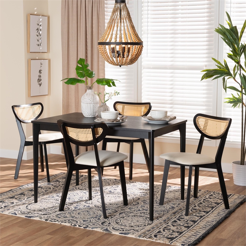 Pemberly Row Cream Fabric and Black Finished Wood 5-Piece Dining Set