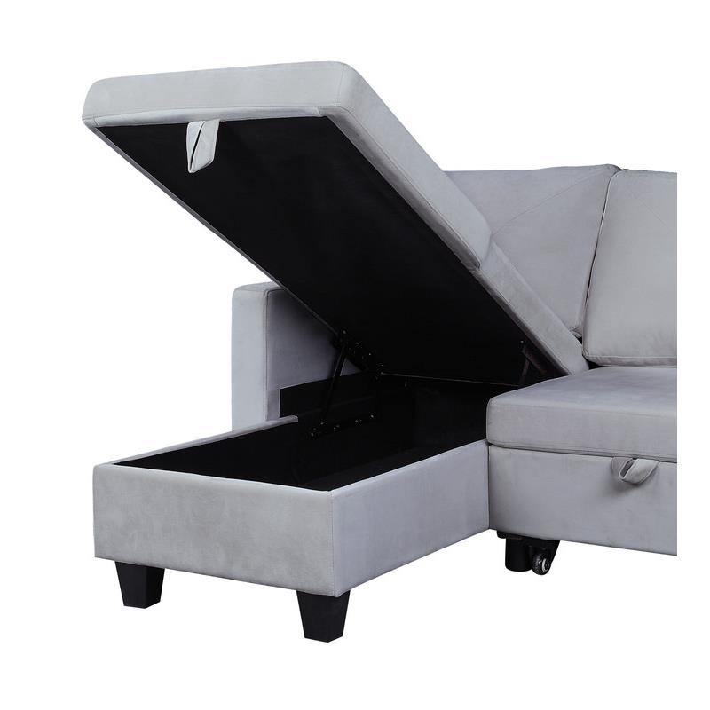 Pemberly Row Velvet Reversible Sleeper Sectional with Storage in Light Gray