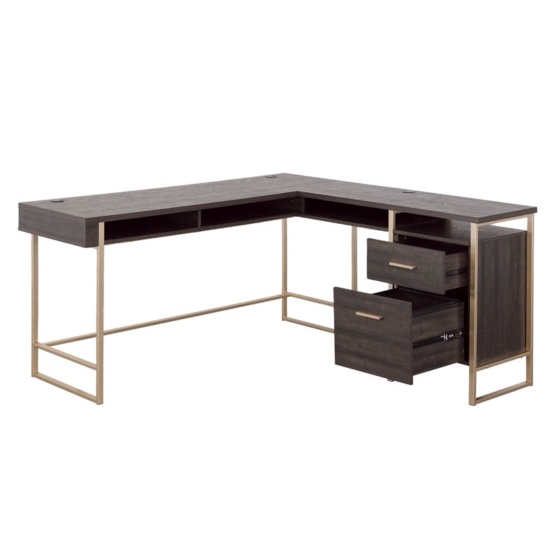 Pemberly Row Contemporary Engineered Wood L-Desk in Blade Walnut