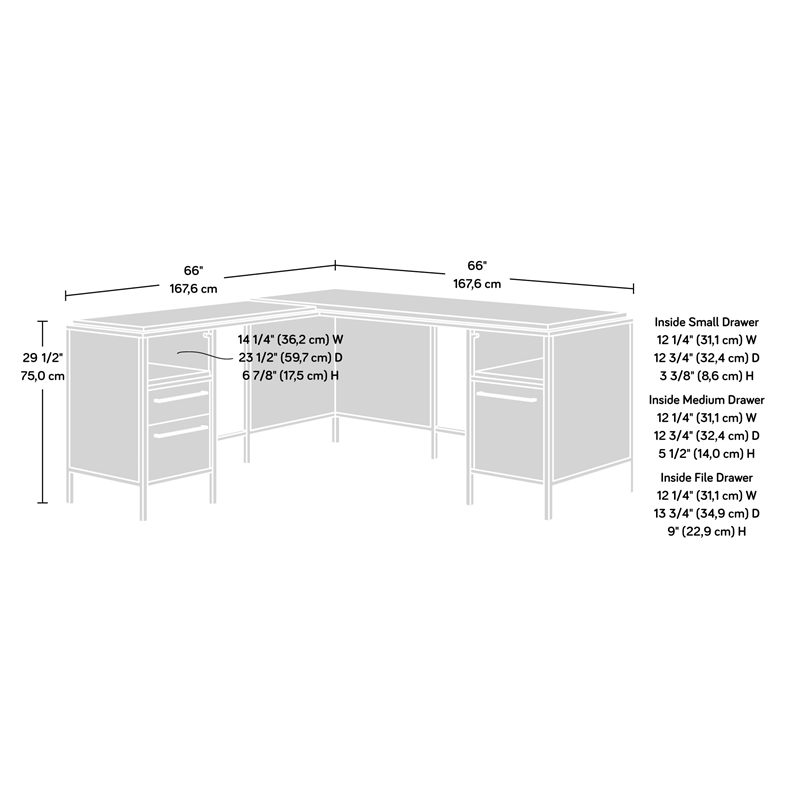 Pemberly Row Engineered Wood L-Desk in Kiln Acacia / Brown Finish