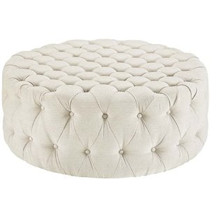 Pemberley Row Upholstered Beige Ottoman Round Tufted 40&quot