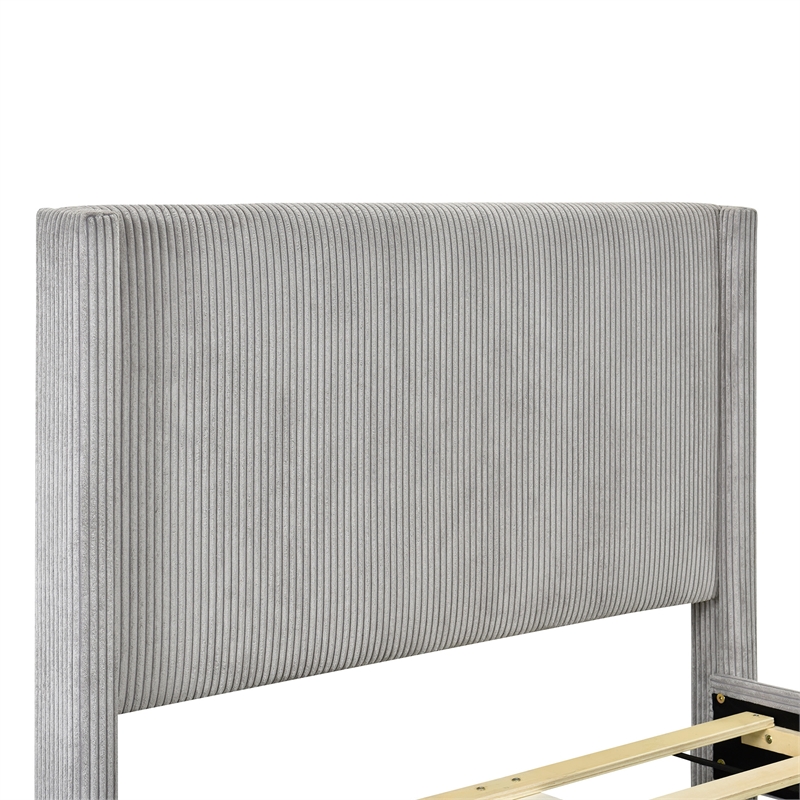 Pemberly Row Solid Wood & Velvet Twin Size Platform Bed in Gray