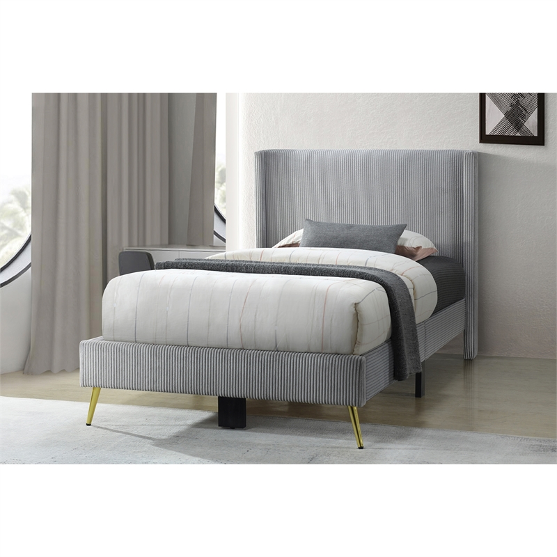 Pemberly Row Solid Wood & Velvet Twin Size Platform Bed in Gray