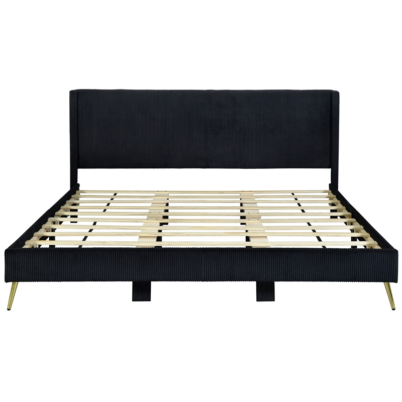 Pemberly Row Solid Wood & Velvet Platform King Size Bed in Black