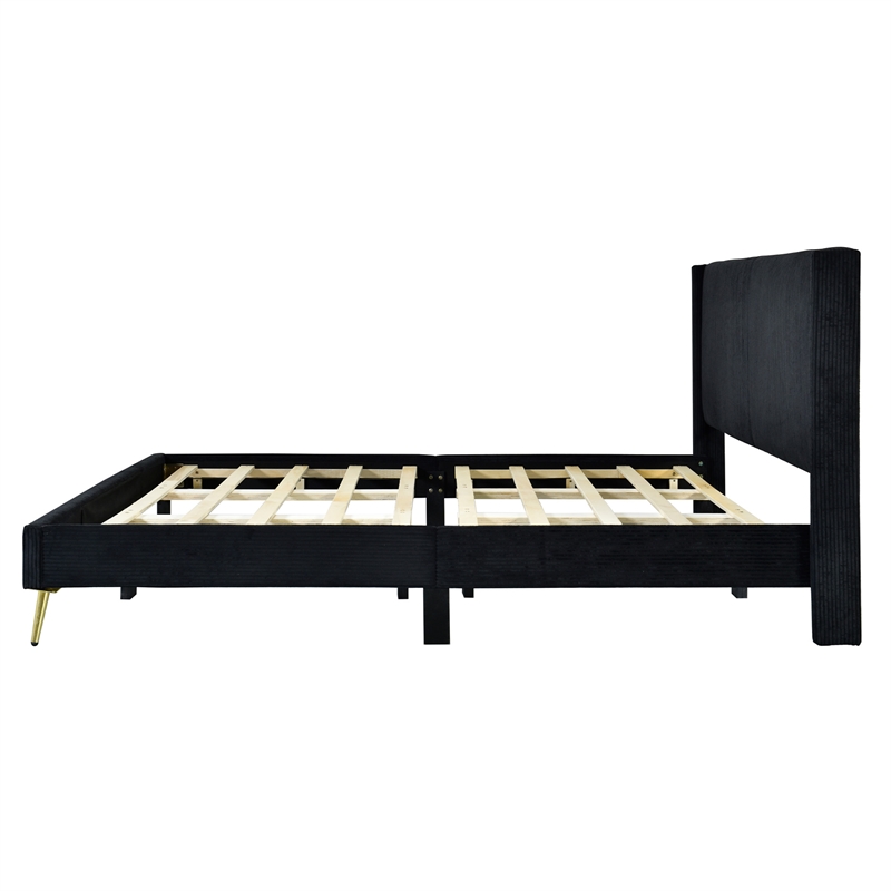 Pemberly Row Solid Wood & Velvet Platform King Size Bed in Black