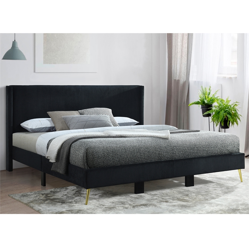 Pemberly Row Solid Wood & Velvet Platform King Size Bed in Black