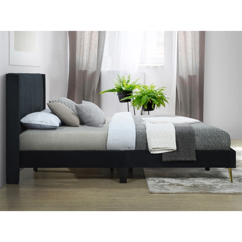 Pemberly Row Solid Wood & Velvet Platform King Size Bed in Black