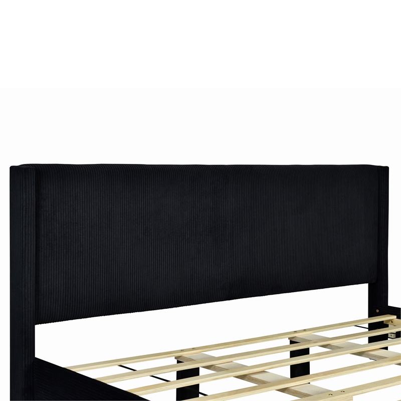 Pemberly Row Solid Wood & Velvet Platform King Size Bed in Black