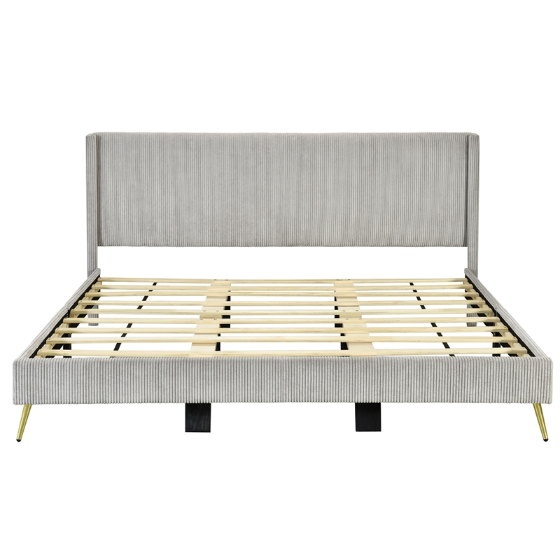 Pemberly Row Solid Wood & Velvet Platform King Size Bed in Gray