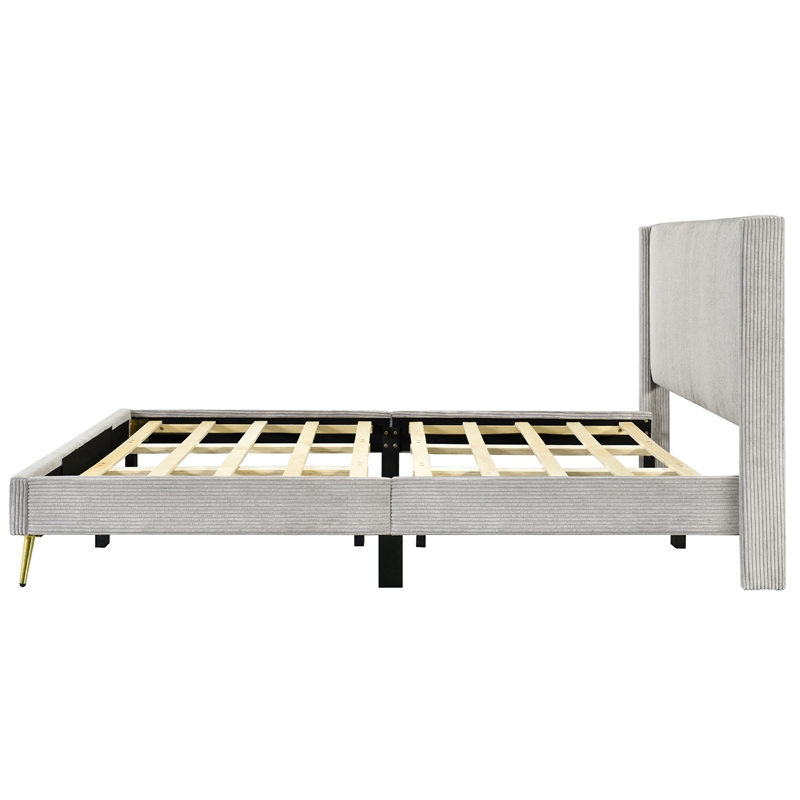 Pemberly Row Solid Wood & Velvet Platform King Size Bed in Gray