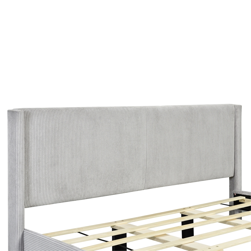 Pemberly Row Solid Wood & Velvet Platform King Size Bed in Gray