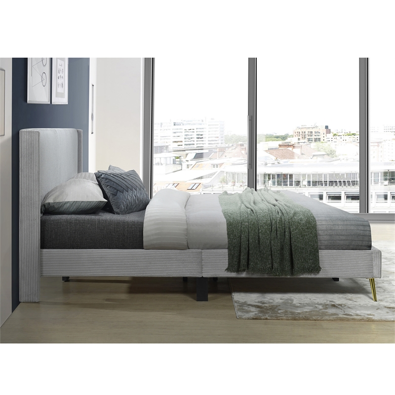 Pemberly Row Solid Wood & Velvet Platform King Size Bed in Gray