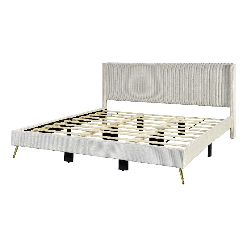 Pemberly Row Solid Wood & Velvet Platform King Size Bed in Cream