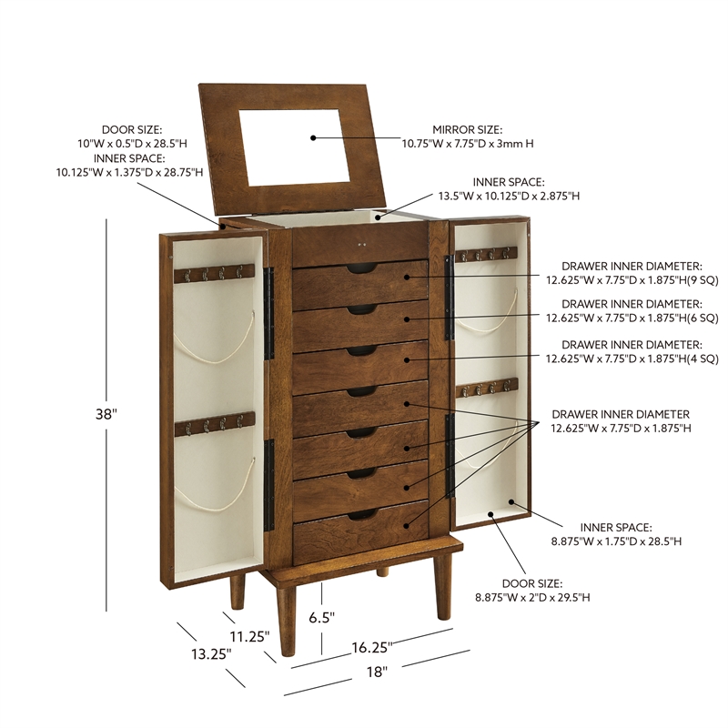 Pemberley Row MDF Brown Jewelry Armoire Rectangular Flip Top 38